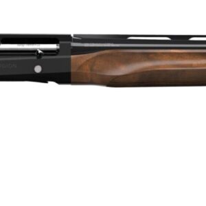 Wooden stock shotgun with black barrel.