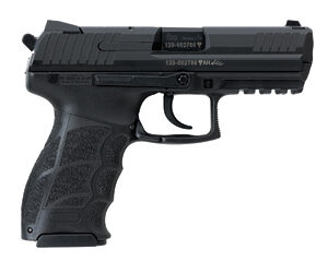 Black semi-automatic handgun on white background.