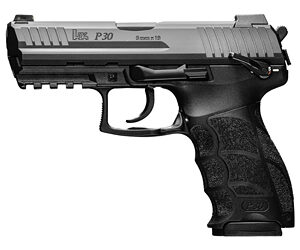 Black and silver semi-automatic handgun side view.