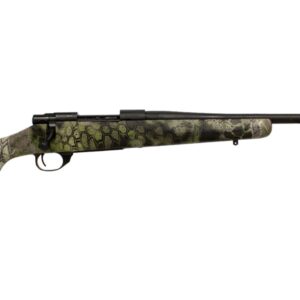 Camouflage-patterned rifle with long barrel.