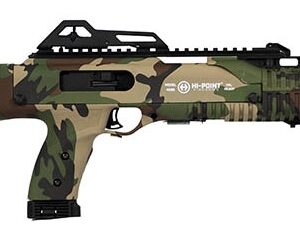 Camo-patterned tactical rifle on white background.