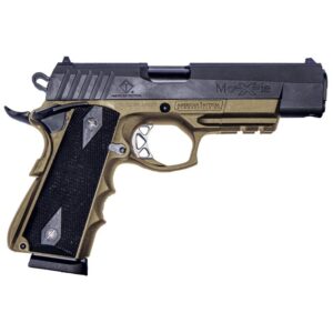 Semi-automatic pistol with black grip and tan frame.