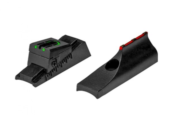 Black adjustable rifle sights with red and green dots.