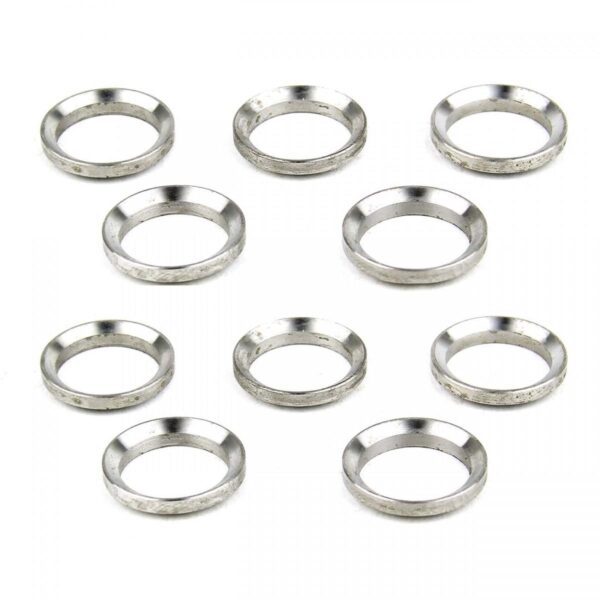 Ten metal washers placed on white background