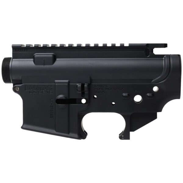 Black firearm receiver component close-up.