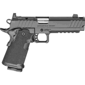 Springfield Armory handgun, black, left side view.