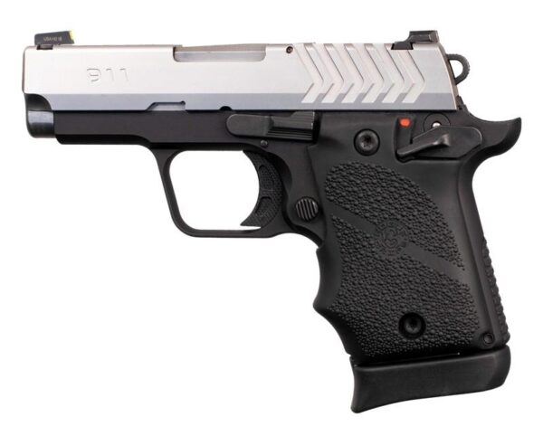 Black and silver handgun with textured grip.