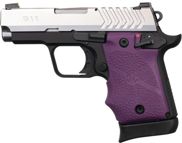 Purple grip handgun, side view