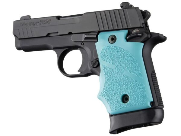 Black pistol with teal grip handle.