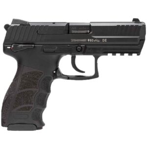 Black handgun side view on white background.