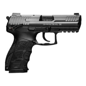Black semi-automatic pistol on white background
