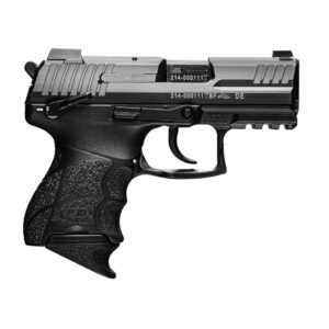 Black semi-automatic handgun on white background.