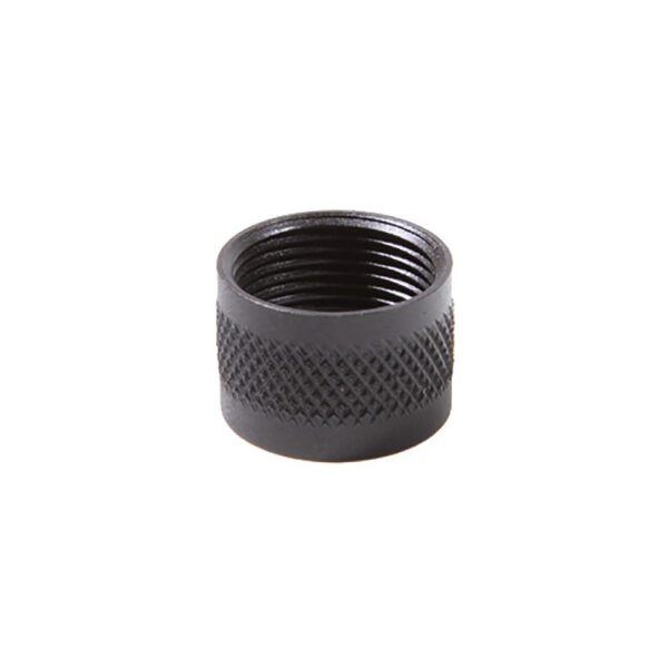 Black threaded cylindrical tool part with textured grip.