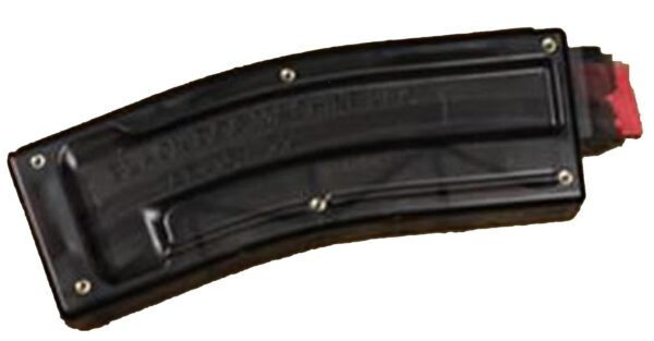 Black firearm magazine with red follower