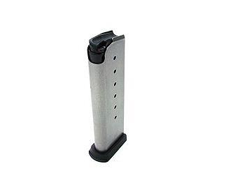 Silver handgun magazine on white background