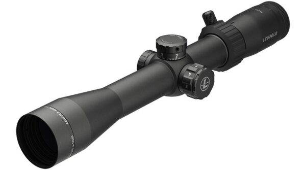 Leupold rifle scope with adjustment knobs.