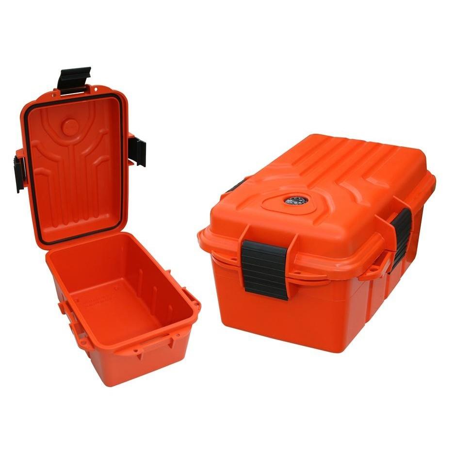 Orange waterproof storage box, open and closed views.