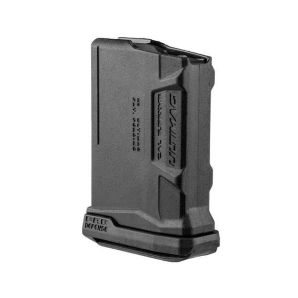 Black polymer rifle magazine on display