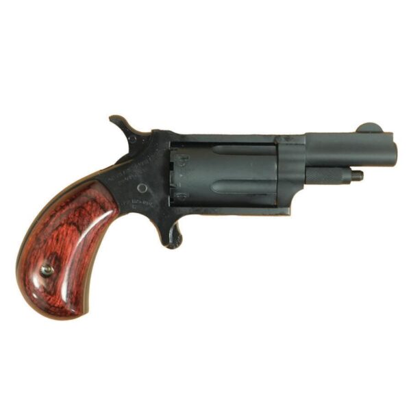 Black revolver with wooden grip, side view.
