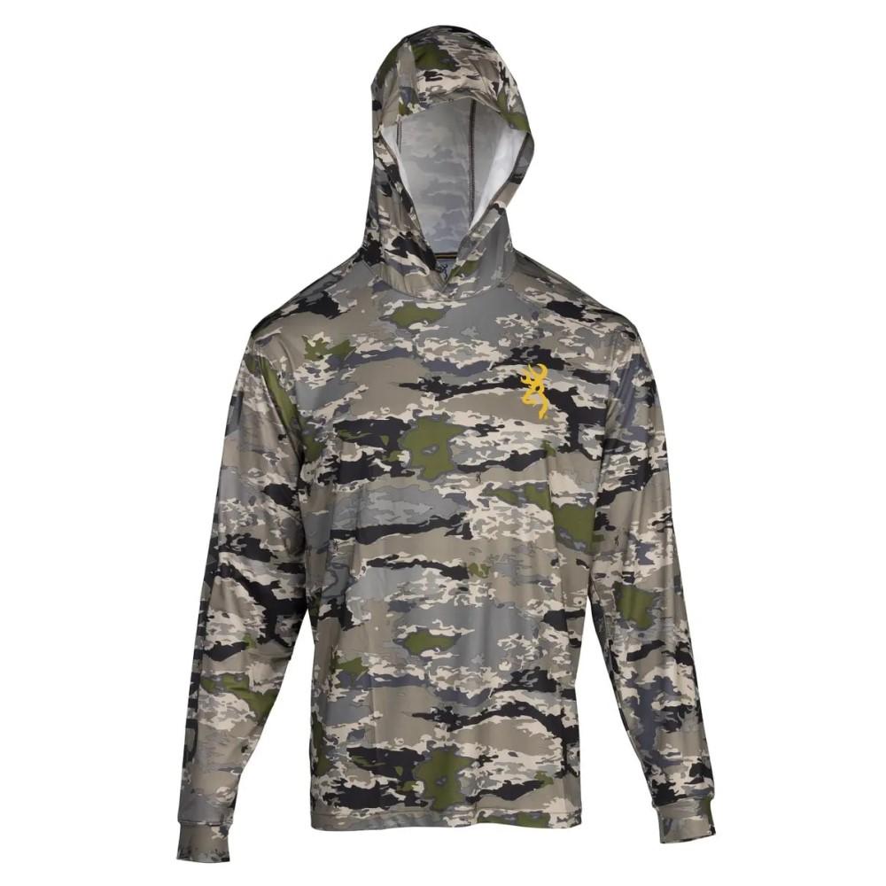 Camouflage hoodie with deer logo on chest.