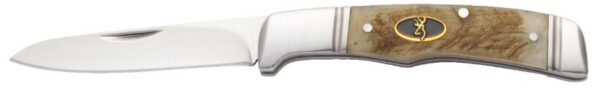Pocket folding knife with wood handle and metal blade.