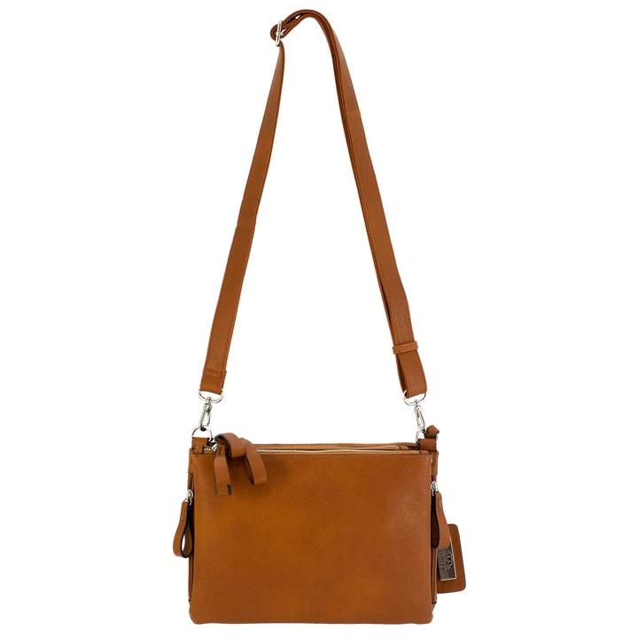 Brown leather crossbody handbag with strap