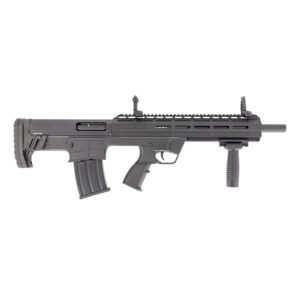 Black tactical shotgun with magazine and grip