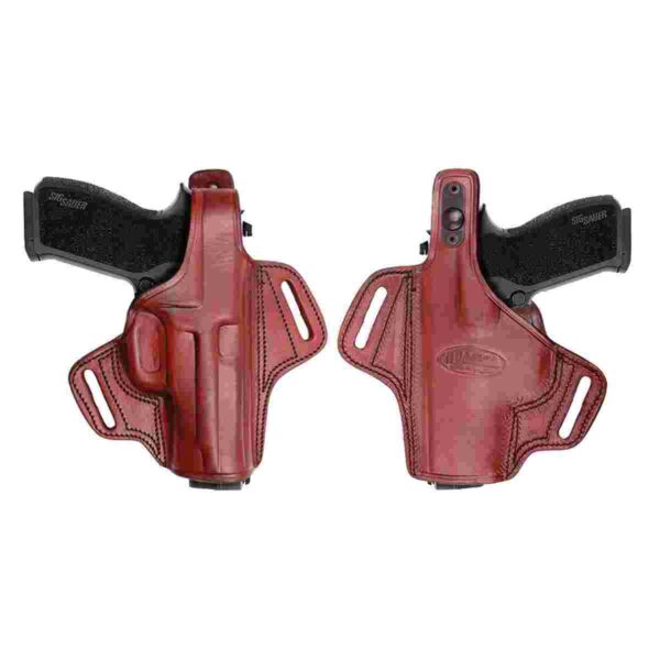 Brown leather gun holster with handgun inside.