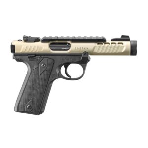 Black and tan semi-automatic pistol side view.