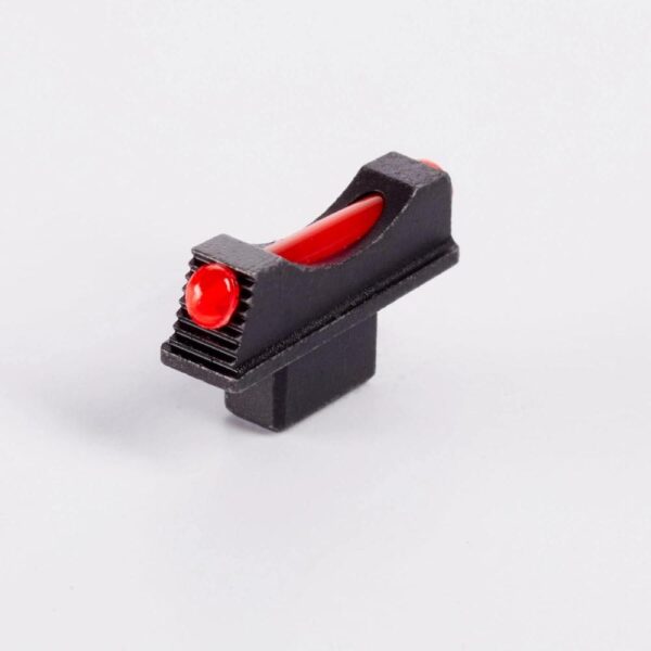 Black gun sight with red fiber optic insert.