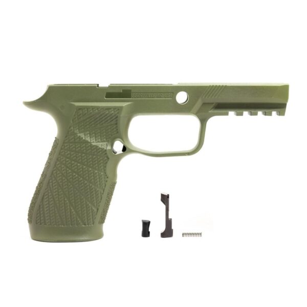 Olive pistol frame with parts on white background.
