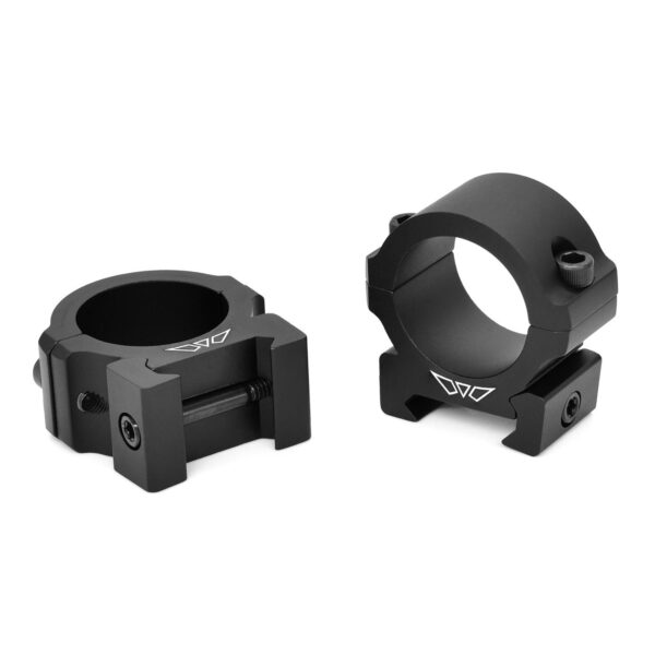 Black scope mounting rings on white background.