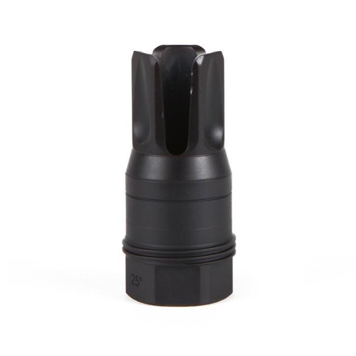 Black metal firearm muzzle brake on white background.