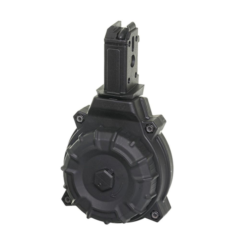 Black drum magazine for firearm accessory.