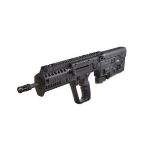 Black tactical assault rifle on white background.
