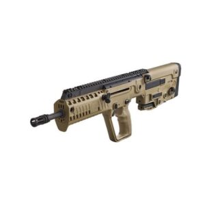 Tan tactical rifle on white background.