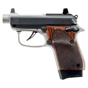 Handgun with wooden grip on white background.