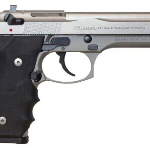 Silver and black handgun side view