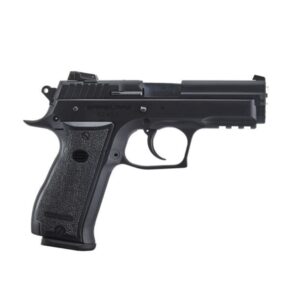 Black semi-automatic handgun on white background.