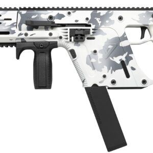 White camouflage-patterned semi-automatic rifle with magazine