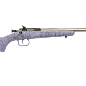 Purple camo hunting rifle, stainless steel barrel.