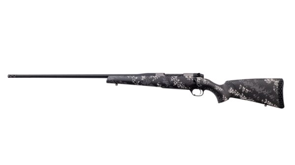 Camouflage hunting rifle with long barrel.
