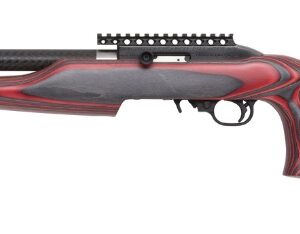 Red and black target shooting rifle with long barrel