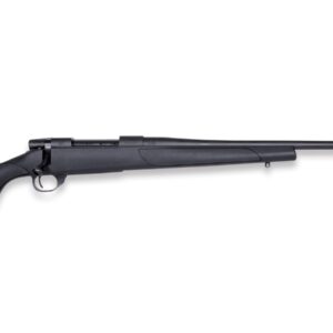 Black rifle with long barrel on white background.