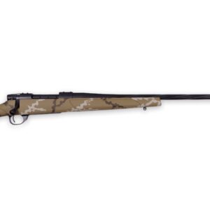 Camouflage hunting rifle with a long barrel.