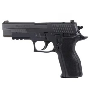 Black handgun with textured grip and slide.