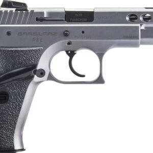 Silver semi-automatic handgun with textured grip.