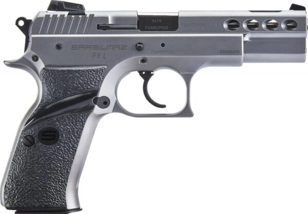 Silver semi-automatic handgun with textured grip.