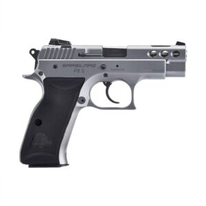Silver handgun with black grip, side view.