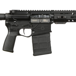 Black modern tactical rifle on white background
